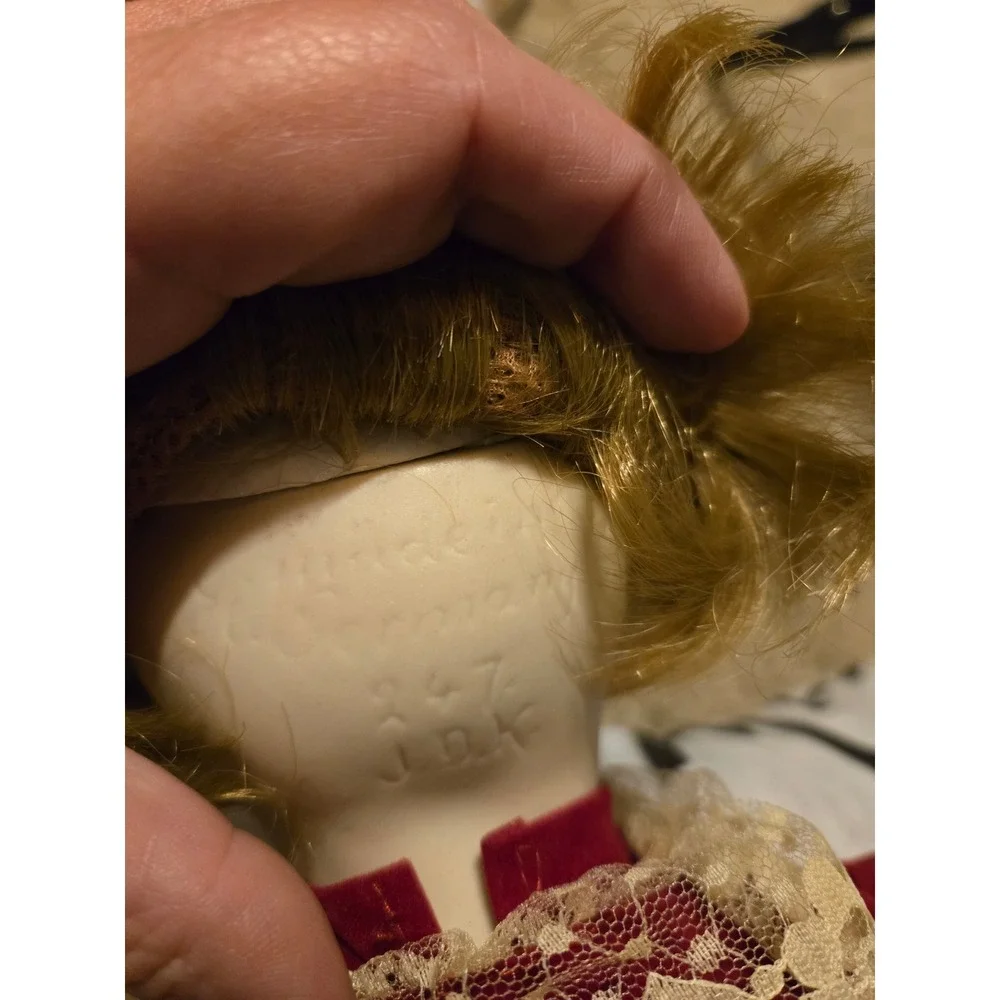 Vintage JDK 247 Kestner Hilda‎ Reproduction Porcelain Doll Burgundy Velvet Suit